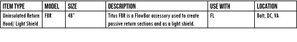Item Type,Model,Size,Description,Use With,Location,Uninsulated Return Hood  Light Shield,FBR,48 ,Titus FBR is a FlowB   