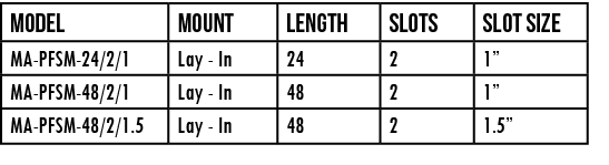 Model,mount,length,Slots,Slot size,MA-PFSM-24 2 1,Lay - In,24 ,2,1 ,MA-PFSM-48 2 1,Lay - In,48 ,2,1 ,MA-PFSM-48 2 1 5   