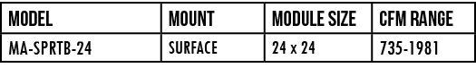 Model,mount,module size,CFM Range,MA-SPRTB-24,SURFACE,24 x 24,735-1981