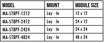 Model,mount,module size,MA-STBPF-1212,Lay - In,12 x 12,MA-STBPF-2412,Lay - In,24 x 12,MA-STBPF-2424,Lay - In,24 x 24,   