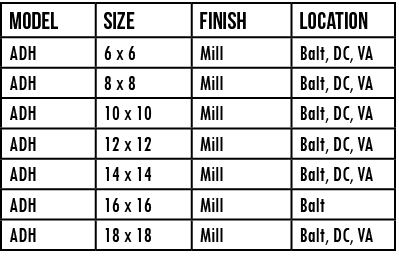 Model,SIZE,finish,LOCATION,ADH,6 x 6,Mill,Balt, DC, VA,ADH,8 x 8,Mill,Balt, DC, VA,ADH,10 x 10,Mill,Balt, DC, VA,ADH,   