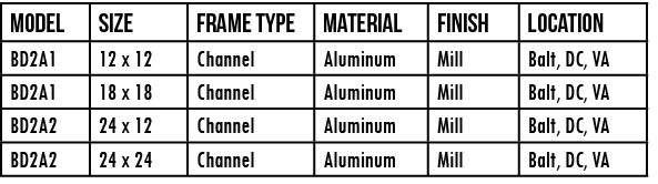 Model,SIZE,FRAME TYPE,MATERIAL,FINISH,LOCATION,BD2A1,12 x 12,Channel,Aluminum,Mill,Balt, DC, VA,BD2A1,18 x 18,Channel   