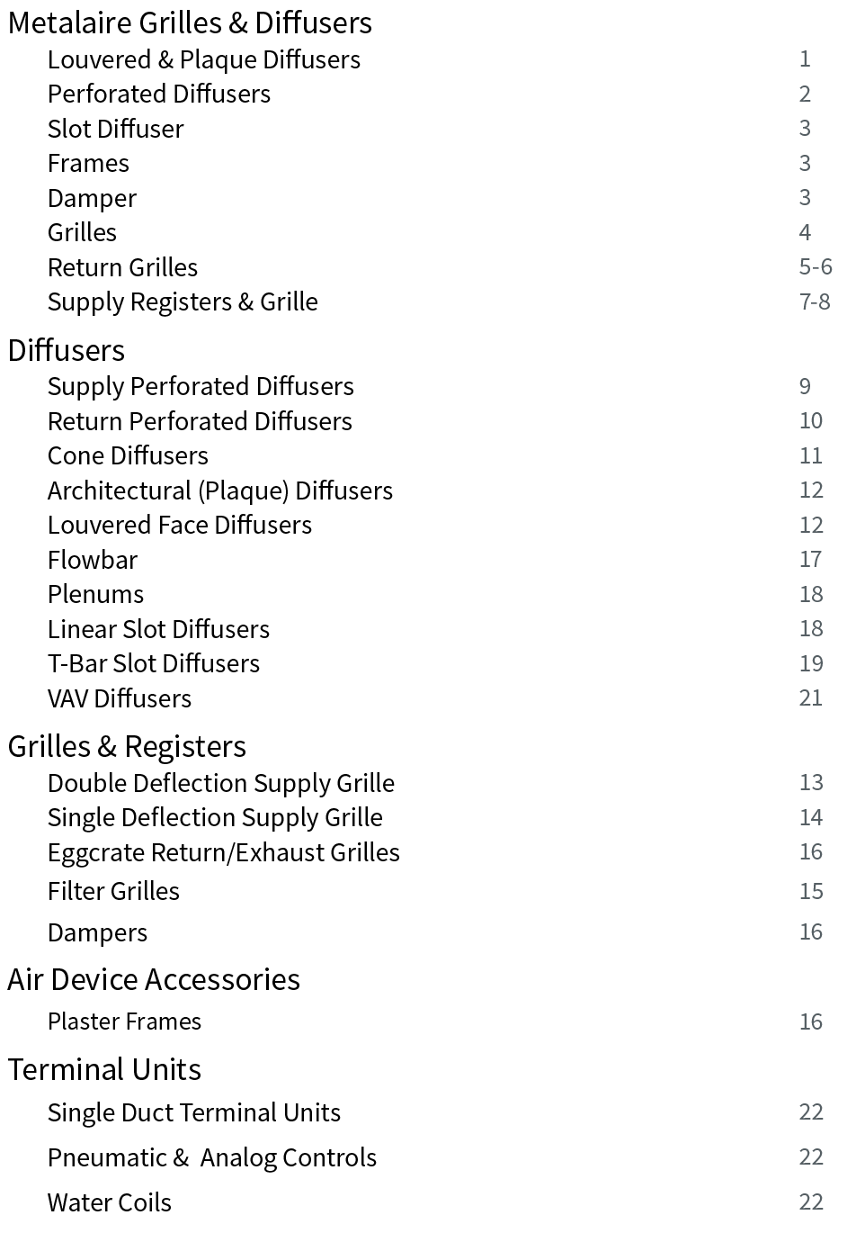 Metalaire Grilles & Diffusers,,Louvered & Plaque Diffusers,1,,Perforated Diffusers ,2,,Slot Diffuser ,3,,Frames,3,,Da   