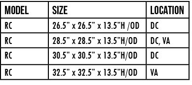 Model ,Size,Location,RC,26 5  x 26 5  x 13 5 H  OD,DC,RC,28 5  x 28 5  x 13 5 H OD,DC, VA,RC,30 5  x 30 5  x 13 5 H O   