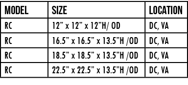Model ,Size,Location,RC,12  x 12  x 12 H  OD,DC, VA,RC,16 5  x 16 5  x 13 5 H  OD,DC, VA,RC,18 5  x 18 5  x 13 5 H  O   